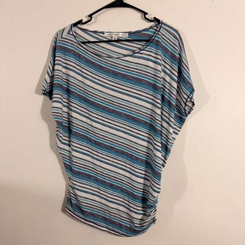 Max Studio Striped Dolman Top Womens Small Blue Ruched Side 4701A30